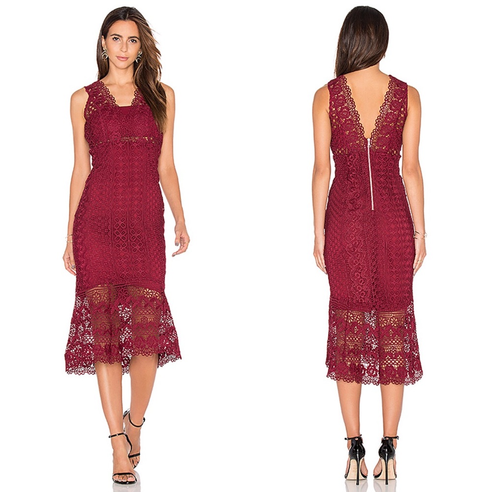 {10/L} NWT Bardot Odyssey Lace Midi Dress Wine